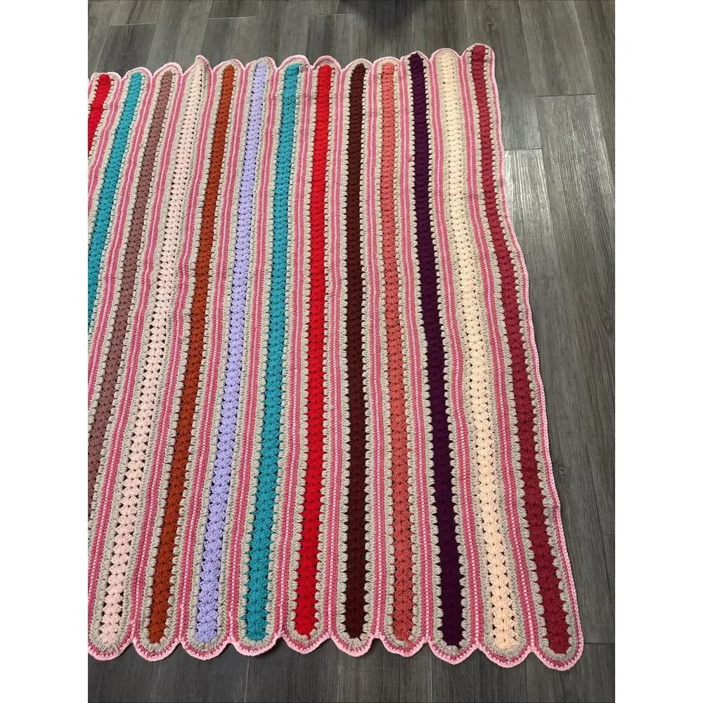 VTG 70s Handmade Crochet Afghan Blanket Striped Pink Retro Boho 65 X 79